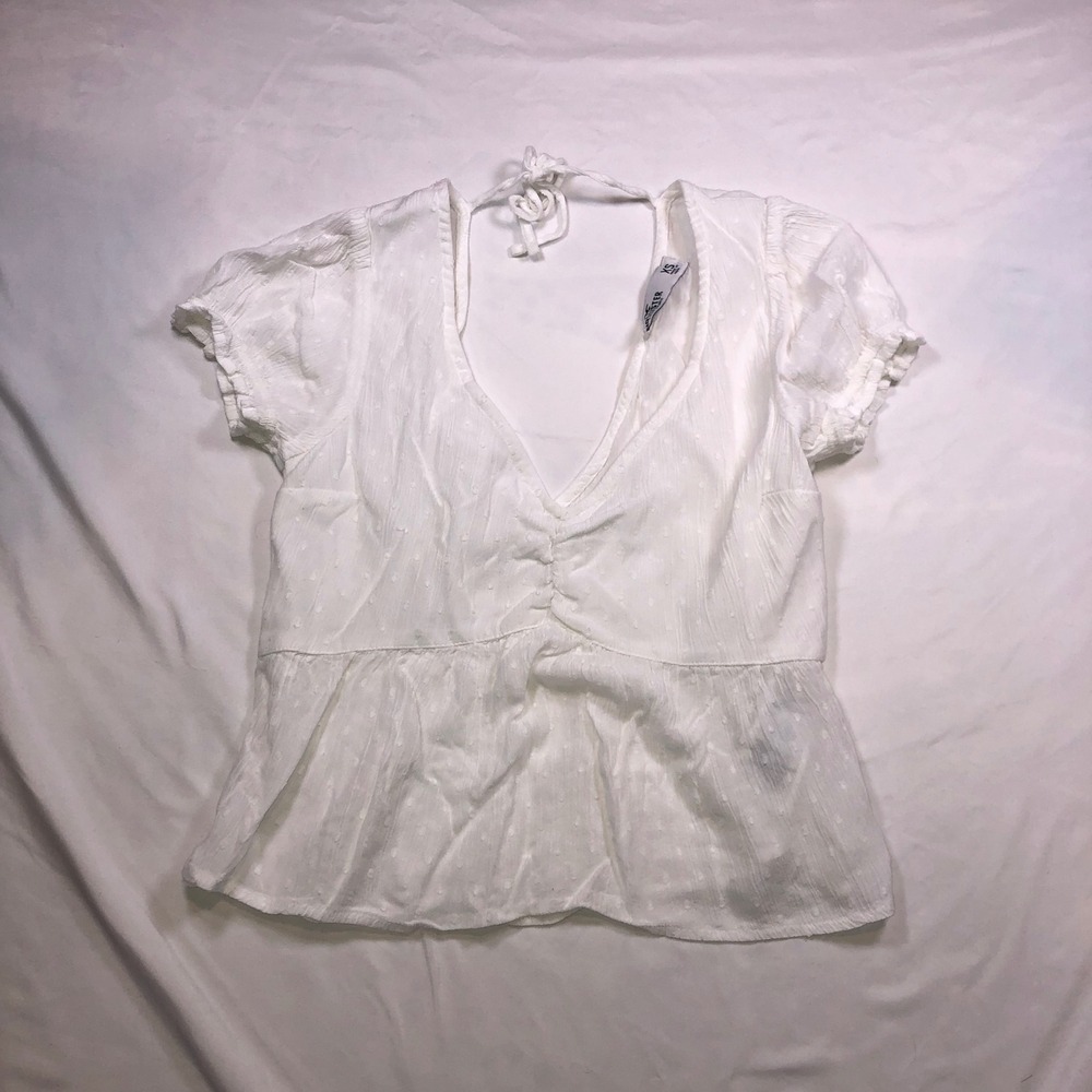 Hollister White Textured Ruched V-Neck Peplum Top XS 340F2555